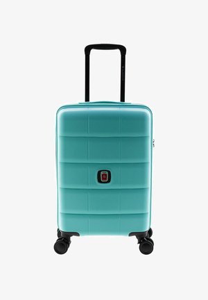 Harde turquoise koffer met een gestructureerd oppervlak, voor sluiting, twee zwarte wielen en een intrekbaar zwart handvat.
