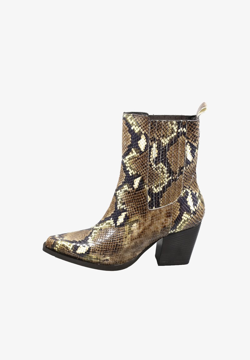 Brauner und goldener Stiefelette mit Schlangenmuster, spitzer Zehenpartie, Blockabsatz und Schlaufe hinten. Strukturierte Oberfläche mit glänzendem Finish.