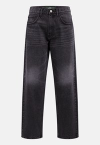 Μαύρο τζιν από denim με ευθεία γραμμή, διαθέτει μέση μεσαίου ύψους, δύο μπροστινές τσέπες και διακριτικό ξεθώριασμα, προσφέροντας μια κλασική εμφάνιση.