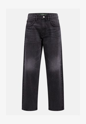 Zwarte denim jeans met een recht gesneden ontwerp, voorzien van een taillehoogte op middenhoogte, twee voorzakken en subtiele vervaging, wat zorgt voor een klassieke uitstraling.