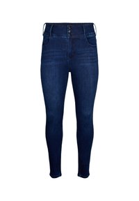 Temno modri skinny jeans z visokim pasom, ki imajo tri sprednje gumbke, dva stranska žepa in gladko denimsko teksturo.