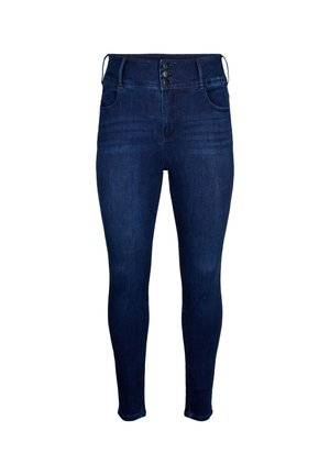 Dark blue skinny jeans with a high waist, featuring three front buttons, two side pockets, and a smooth denim texture.