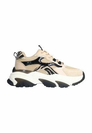 Beige en zwarte mesh sneakers met suède accenten, textuurdesign, dikke witte middenzool en zwarte rubberen loopzool. Voorzien van veters en een trekstrip.