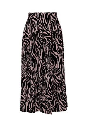Midikleid mit schwarz und gedämpft rosa Zebra-Muster, ausgestelltem Schnitt und hoher Taille.