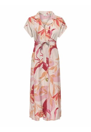 Robe chemise midi à manches courtes, col, boutonnage devant, ceinture à la taille, imprimé abstrait de feuilles rose, rouge et orange sur tissu clair.