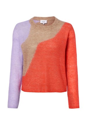Langärmeliger, gestrickter Pullover mit Farbblöcken in Helllila, Beige und leuchtendem Orange, mit rundem Halsausschnitt und strukturierter Stoff.