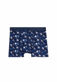 Boxer blu con tema spaziale, caratterizzati da pianeti, stelle e vortici. Tessuto morbido con design senza cuciture e una vita con logo.