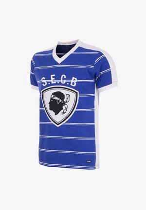 Maglia sportiva a righe blu e bianche con scollo a V, pannelli laterali bianchi, testo "S.E.G.B" e un'emblema in silhouette nera sul petto.