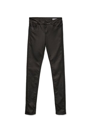 Black skinny jeans made of smooth fabric with a slight sheen. Features five pockets and a zip fly with button closure.