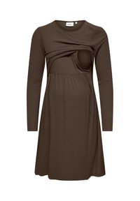 Brązowa sukienka ciążowa z długim rękawem, z wbudowanym panelem do karmienia i okrągłym dekoltem, zaprojektowana tak, aby ułatwić dostęp podczas karmienia piersią.