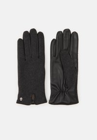 Black gloves featuring a textured wool exterior and smooth leather palm, with a snug fit and decorative stitching detail on the wrist.