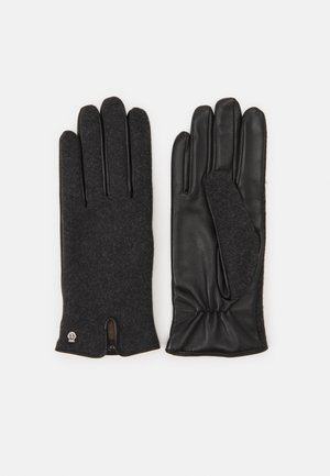 Schwarze Handschuhe mit einer strukturierten Wollaußenseite und einer glatten Lederfläche, die einen engen Sitz und dekorative Steppnähte am Handgelenk aufweisen.