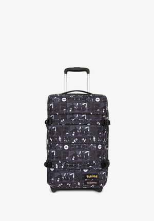 Black suitcase with a Pokemon pattern, featuring rectangular designs, two buckles, a retractable handle, and four wheels for mobility.