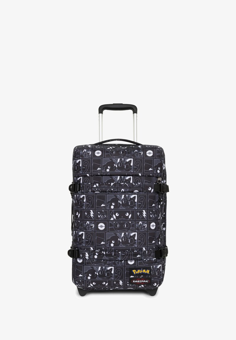 Black suitcase with a Pokemon pattern, featuring rectangular designs, two buckles, a retractable handle, and four wheels for mobility.