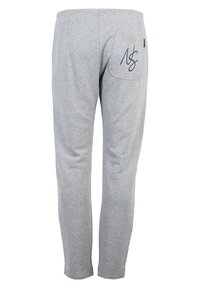 Szare bawełniane dresy o zwężającym się kroju, z tylną kieszenią i akcentem w granatowym kolorze na kieszeni. Gładka tekstura.