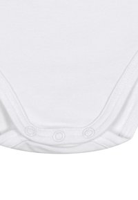 Hvid bomulds baby bodystocking med rund halsudskæring og trykknapper i bunden. Glat tekstur med et enkelt design.