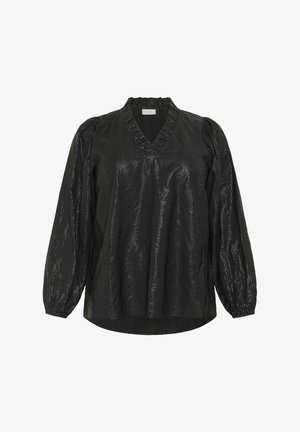 Črna bluzica z V-izrezom, izdelana iz teksturirane, sijajne tkanine. Ima napihnjene rokave in plisirano izreza. Spodnji del je nekoliko daljši od sprednjega.