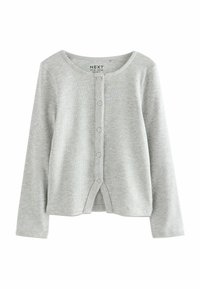 Cardigan à côtes gris clair avec des manches longues et cinq boutons sur le devant, étiqueté NEXT, conçu pour les enfants.