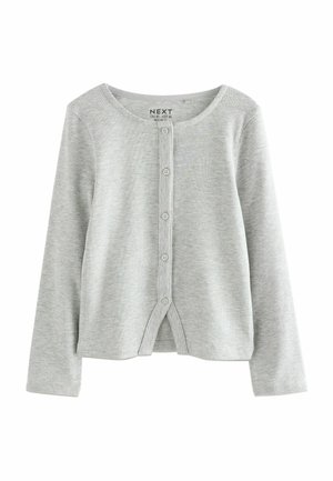 Cardigan à côtes gris clair avec des manches longues et cinq boutons sur le devant, étiqueté NEXT, conçu pour les enfants.