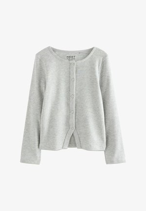 Cardigan de punto acanalado gris claro con mangas largas y cinco botones delanteros, etiquetado como NEXT, diseñado para niños.
