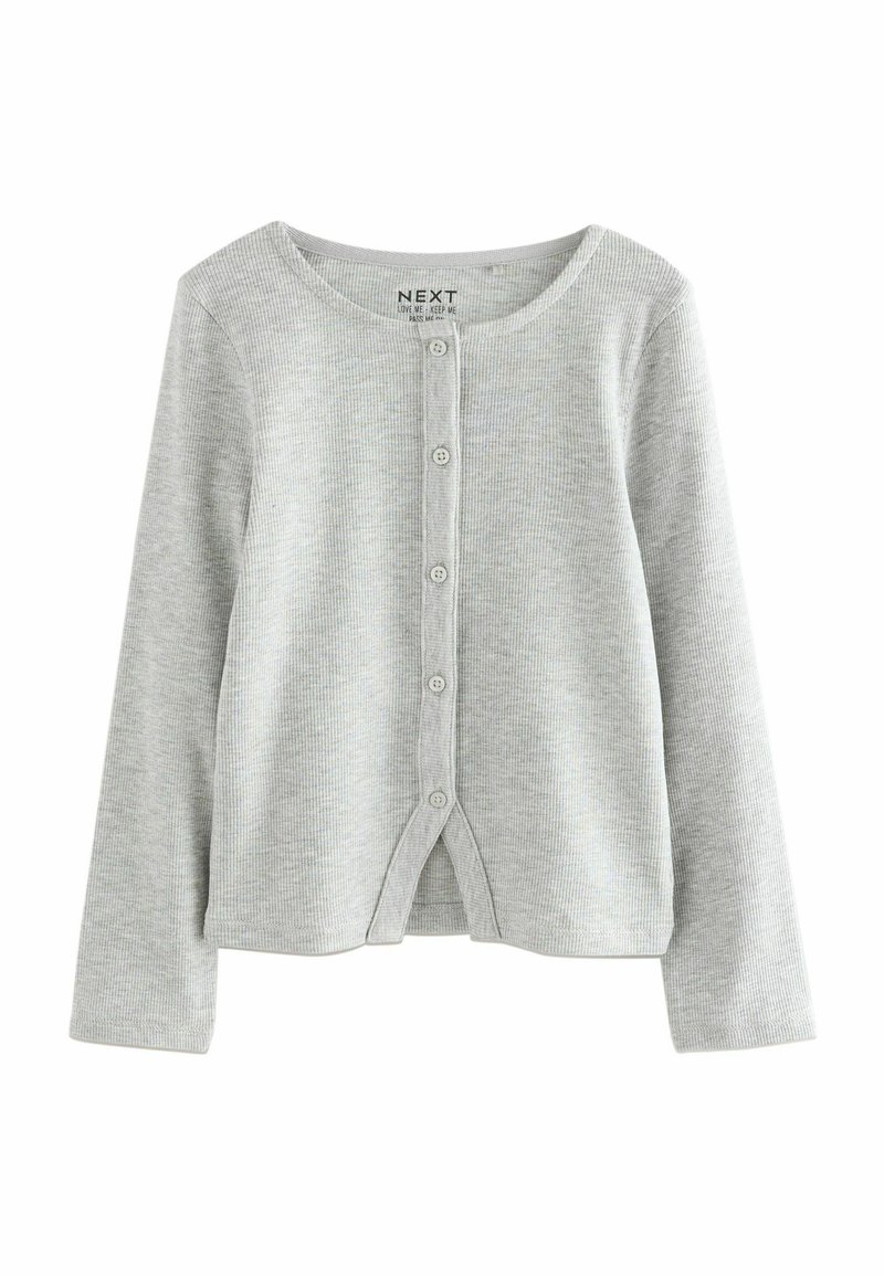 Cardigan à côtes gris clair avec des manches longues et cinq boutons sur le devant, étiqueté NEXT, conçu pour les enfants.