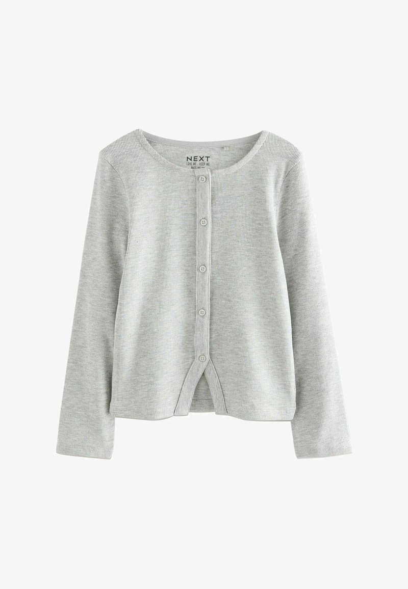 Light grey ribbed knit cardigan with long sleeves and five front buttons, labeled NEXT, designed for children.