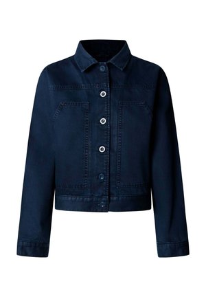 Donkerblauwe spijkerjas met kraag, knoopsluiting aan de voorkant, lange mouwen en twee grote voorzakken.