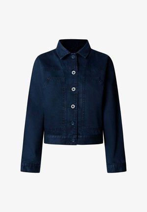 Veste en denim bleu foncé avec col, fermeture à boutons sur le devant, manches longues et deux grandes poches frontales.