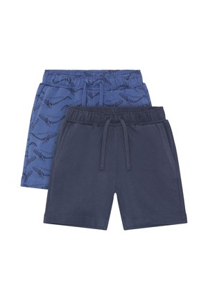 Dos pares de pantalones cortos para niños con cintura elástica, uno liso de color azul oscuro, otro azul con estampado de ballenas y cordones.