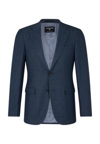 Blazer texturé bleu foncé pour homme à deux boutons, avec revers crantés et poches à rabat, déboutonné pour montrer la doublure gris clair.