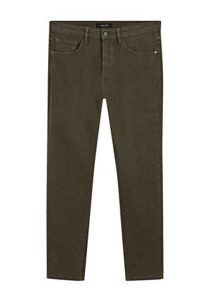 Schmale, dunkelolivgrüne Jeans mit vorderem Knopf und Reißverschluss, Gürtelschlaufen und Fünf-Taschen-Design.