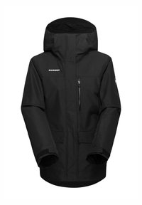 Schwarze wasserdichte Jacke mit hohem Kragen, verstellbarem Kapuze und Reißverschlusstasche auf der Brust. Verfügt über Klettverschluss-Manschetten und ein Logo auf der Brust.