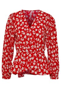 Röd blus med långa ärmar, prydd med ett blommönster i vitt. Tyget är lätt och har en peplum-svängning och v-ringad design.