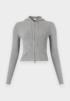 Sweat à capuche zippé en maille côtelée gris clair avec manches longues et cordons de serrage, coupe ajustée.
