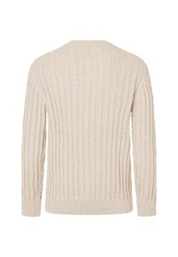 Beige gerippter Strickpullover mit langen Ärmeln, rundem Halsausschnitt und strukturiertem Stoff. Verfügt über einen enganliegenden Saum und Bündchen mit vertikaler Rippung.