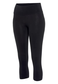 Schwarze Capri-Leggings mit breitem, hohem Bund, glatt im Stoff und ohne sichtbare Nähte oder Verzierungen, geeignet für aktive Kleidung.