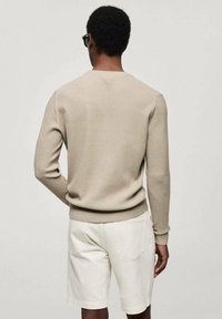 Beige ribbed sweater with long sleeves, fitted waist, and a round neckline, paired with light-colored shorts. Model facing away from the camera.