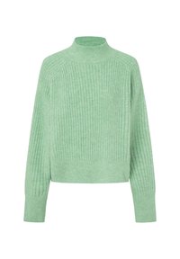 Groene, geribbelde gebreide trui met een hoge hals en lange mouwen. Verkorte ontwerp, zachte textuur en gelijkmatige stikdetails.