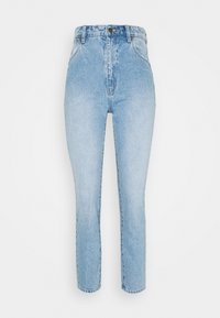 Jeans de um azul claro com uma cintura alta, ajuste afunilado e detalhes de desgaste subtil. Feitos de denim com uma textura suave e um design clássico de cinco bolsos.