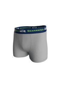Boxer briefs grises con una cinturilla de logo de los Seahawks en azul marino y verde, que incluye letras. Textura suave con diseño ajustado.