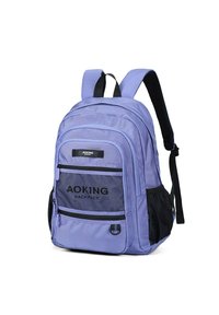 Zaino viola realizzato in un tessuto resistente, dotato di più scomparti con cerniera, tasche laterali in rete e spallacci imbottiti regolabili. Accenti neri visibili.