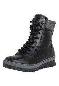 Black leather ankle boot with grey felt collar, featuring lace-up closure, padded tongue, and textured rubber sole for grip.