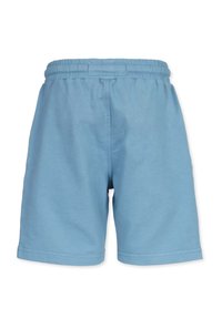 Blå bomullsshorts med elastisk midja, rak skärning och inga fickor, med en slät textur och en avslappnad design.