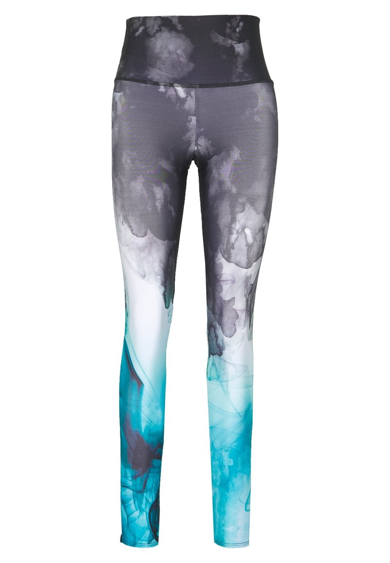 Legginsy o wysokim stanie, wykonane z elastycznego materiału, z czarno-niebieskim abstrakcyjnym wzorem atramentowym, gładką teksturą i dopasowanym krojem.