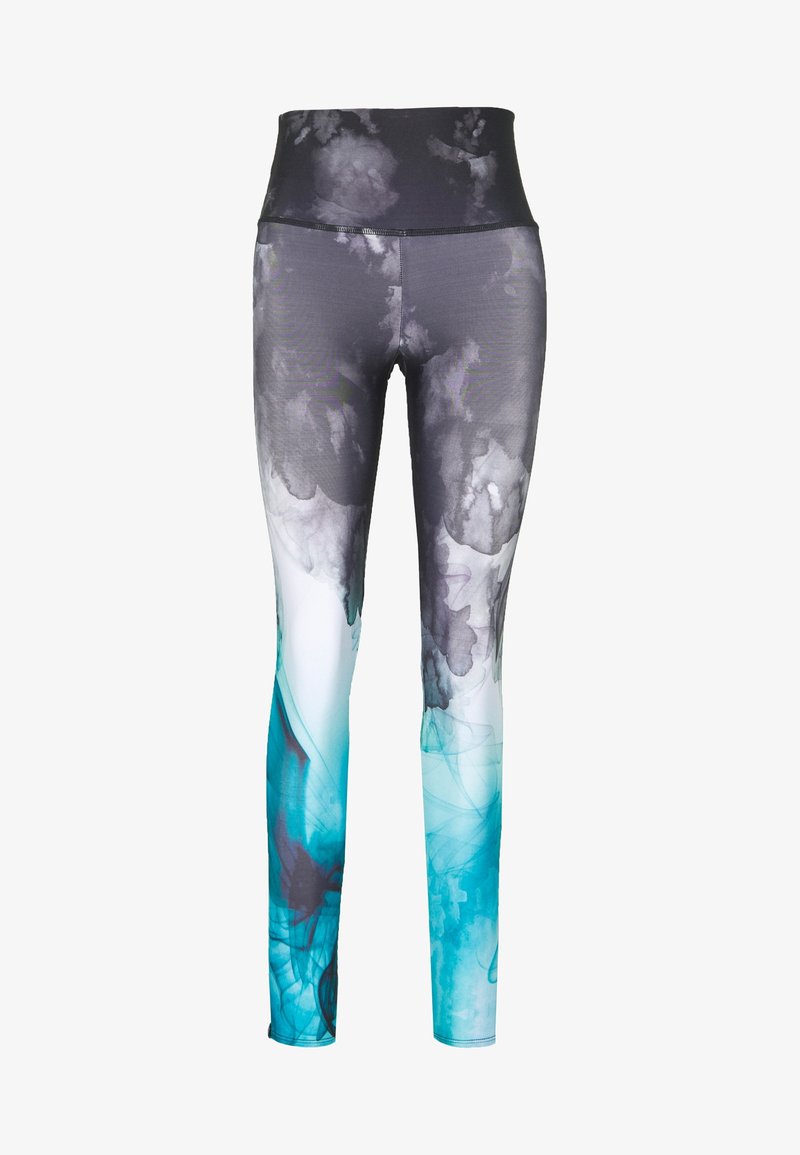 Legginsy o wysokim stanie, wykonane z elastycznego materiału, z czarno-niebieskim abstrakcyjnym wzorem atramentowym, gładką teksturą i dopasowanym krojem.