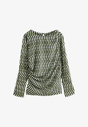 Langärmliges Oberteil in olivgrün mit einem wellenförmigen schwarzen und cremefarbenen Muster. Besitzt Raffung auf einer Seite und einen weiten Ausschnitt. Glatte Stoffstruktur.