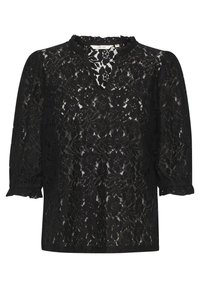 Black lace blouse with a v-neck, floral pattern, and puffed sleeves with ruffled cuffs. Lightweight, semi-sheer texture. Brand tag visible inside.