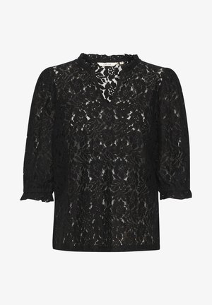 Sort blondine-bluse med V-hals, blomsterprint og pufærmer med flæsekanter. Letvægts, semi-gennemsigtig tekstur. Mærketikette synlig indeni.