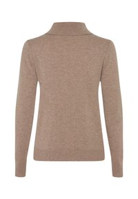 Beige Strickpullover mit hohem Kragen, langen Ärmeln und gerippten Bündchen. Weicher Stoff und ein schlichtes Design, ideal zum Layering. Rückansicht.