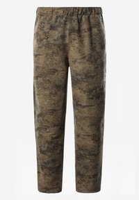 Tarnmuster-Hosen in gedämpften Brauntönen und Grüntönen, mit einem elastischen Bund und einem weichen, strukturierten Stoff.